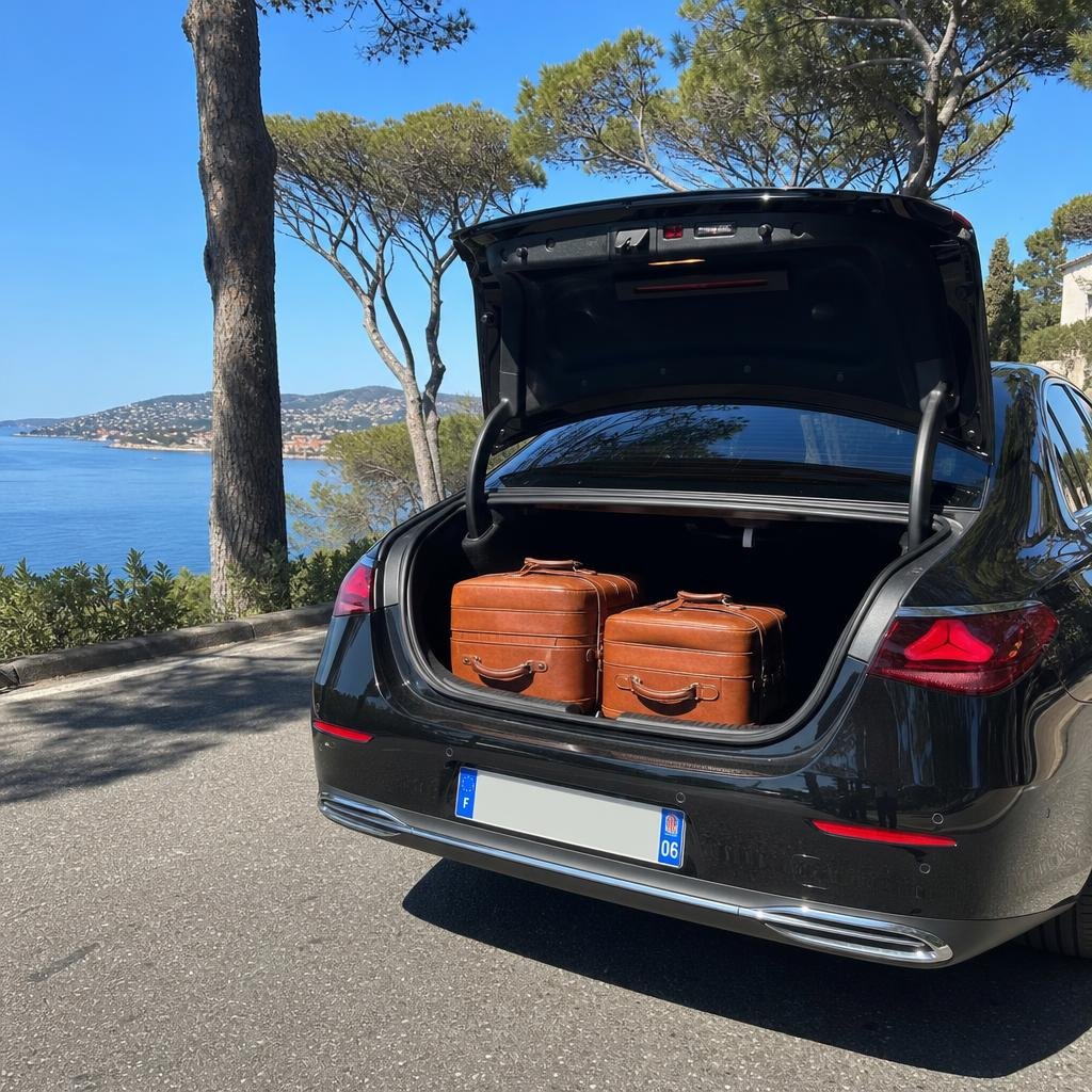 Coffre ouvert d'une Mercedes Classe E noire avec deux valises sur la route côtière entre l'aéroport de Nice et Cannes, transfert aéroport Nice Cannes avec chauffeur privé