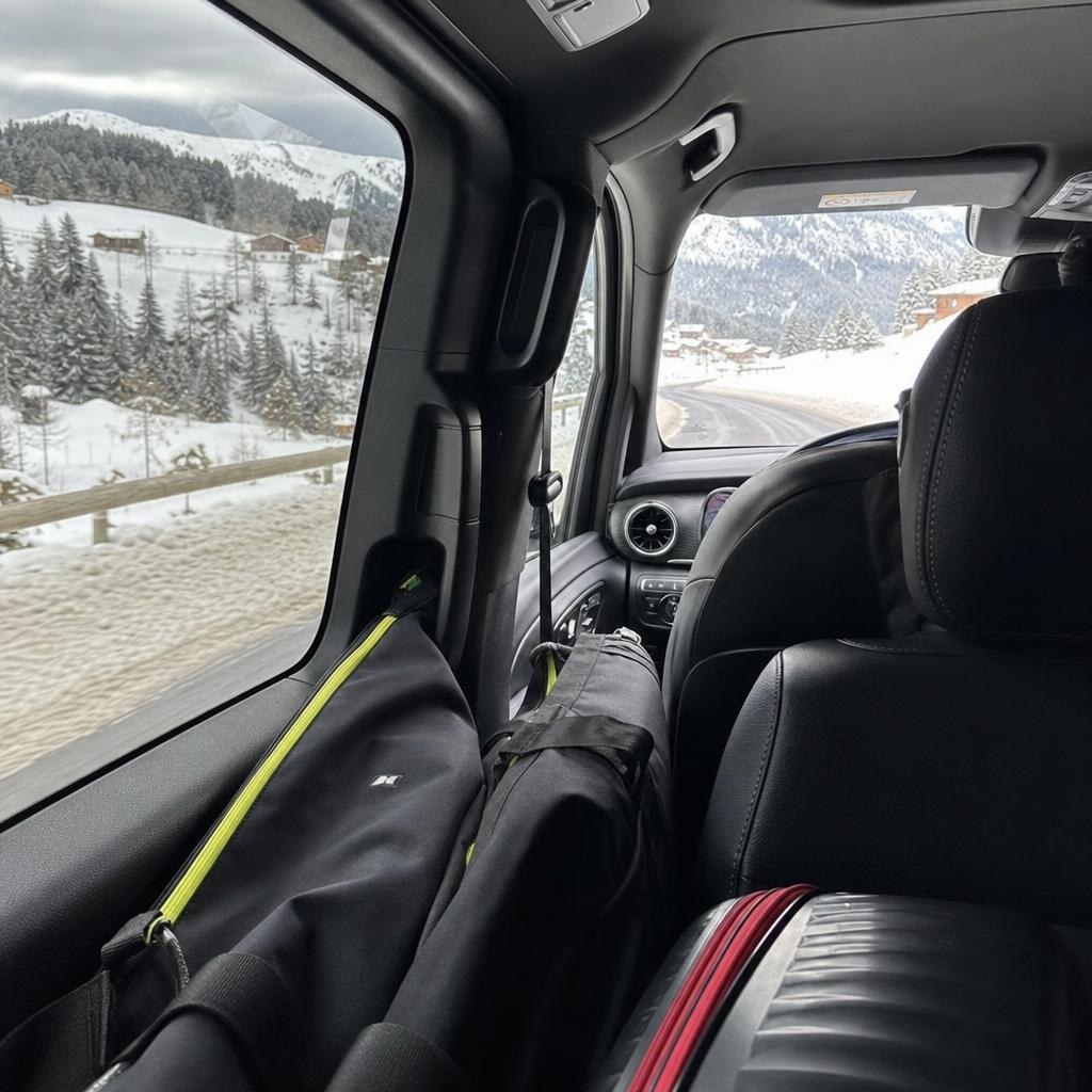Intérieur d'une Mercedes Classe V avec housses de ski sur la route enneigée de Courchevel, transfert depuis l'aéroport de Genève ou de Lyon