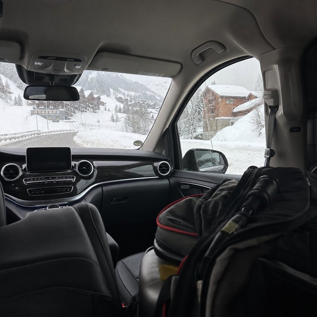 Intérieur d'une Mercedes Classe V avec housses de ski sur la route enneigée vers Méribel — transfert aéroport Genève Méribel