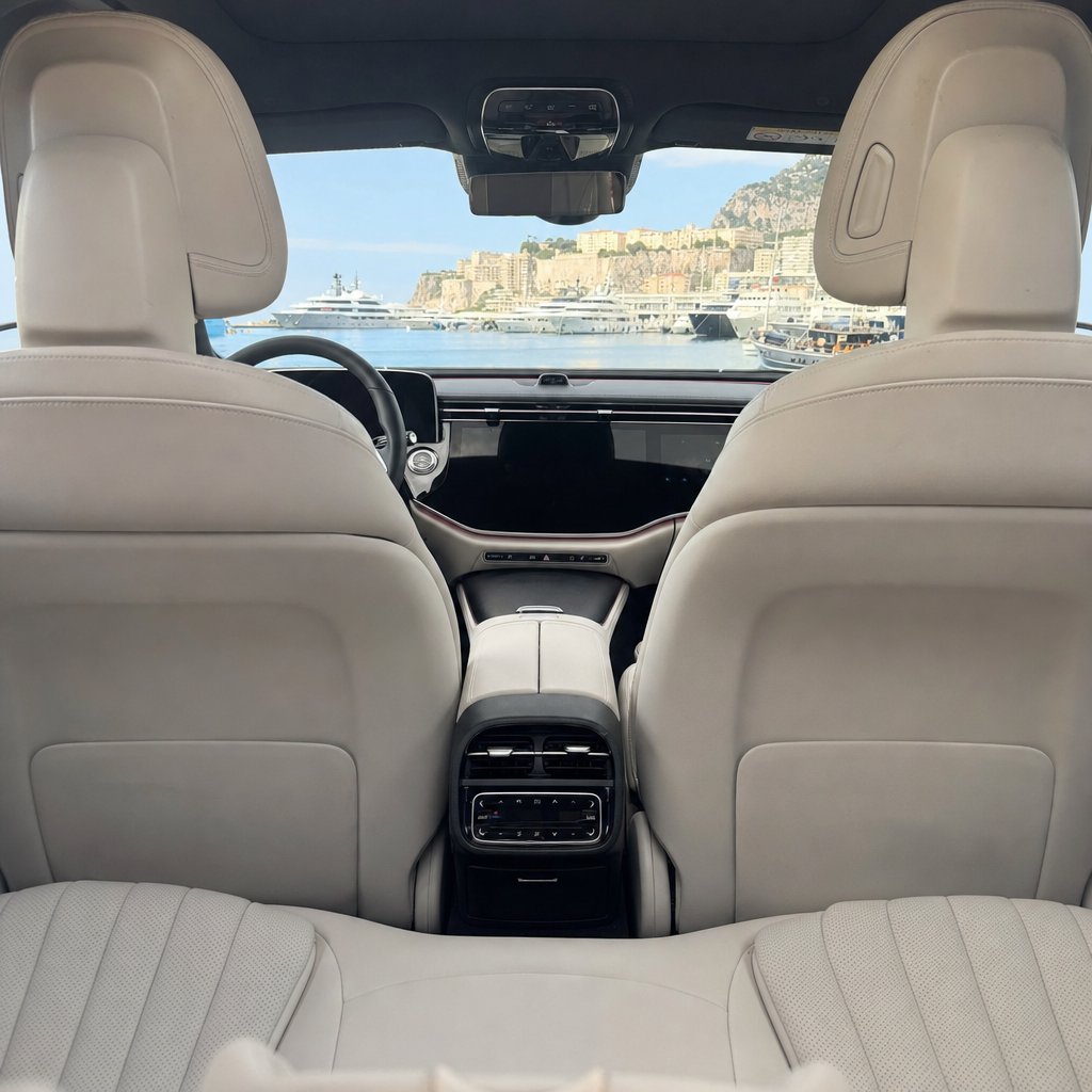 Vue depuis la banquette arrière d'une Mercedes Classe E sur le Port Hercule de Monaco, yachts amarrés — voiture avec chauffeur à Monaco