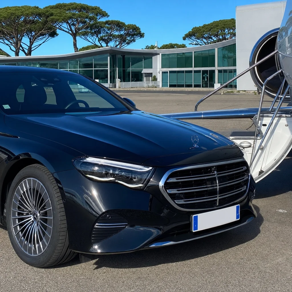 Mercedes Classe E noire garée près du terminal d'aviation d'affaires de Cannes-Mandelieu, pins méditerranéens en arrière-plan — chauffeur pour jets privés