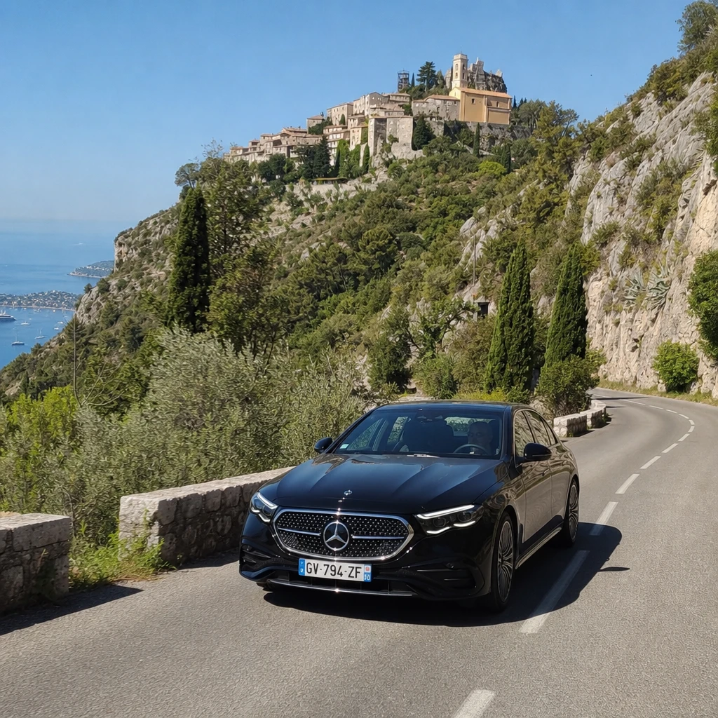 Mercedes Classe E noire sur la route de la corniche menant au village perché d'Èze, excursion privée pendant une escale de croisière à Villefranche-sur-Mer
