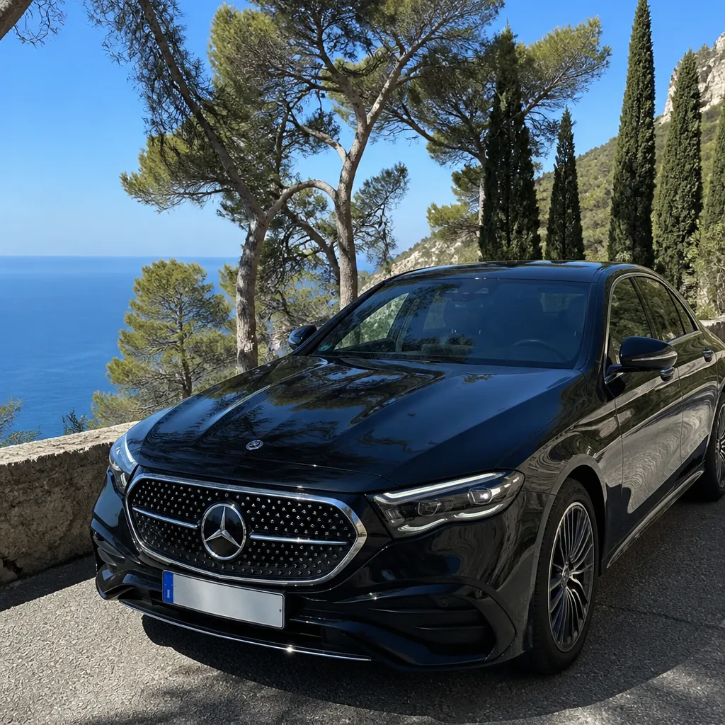 Mercedes Classe E noire à plaque française à l’entrée de la Principauté de Monaco, chauffeur privé BSM en règle avec la déclaration de mise à disposition