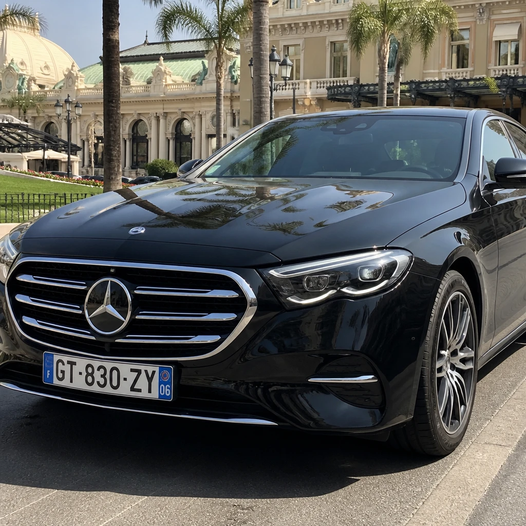 Mercedes Classe E noire garée près du Casino de Monte-Carlo à Monaco, chauffeur privé BSM à disposition