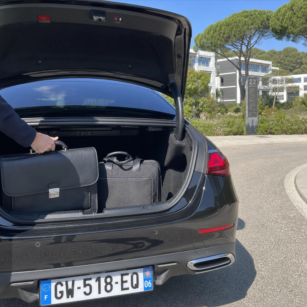 Chauffeur privé rangeant une sacoche d’ordinateur dans le coffre d’une Mercedes Classe E noire sur la technopole de Sophia Antipolis