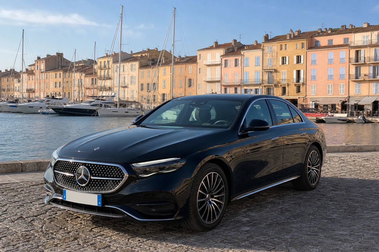 Mercedes Classe E noire garée sur le quai du Vieux-Port de Saint-Tropez, face aux yachts et aux façades colorées, chauffeur privé BSM